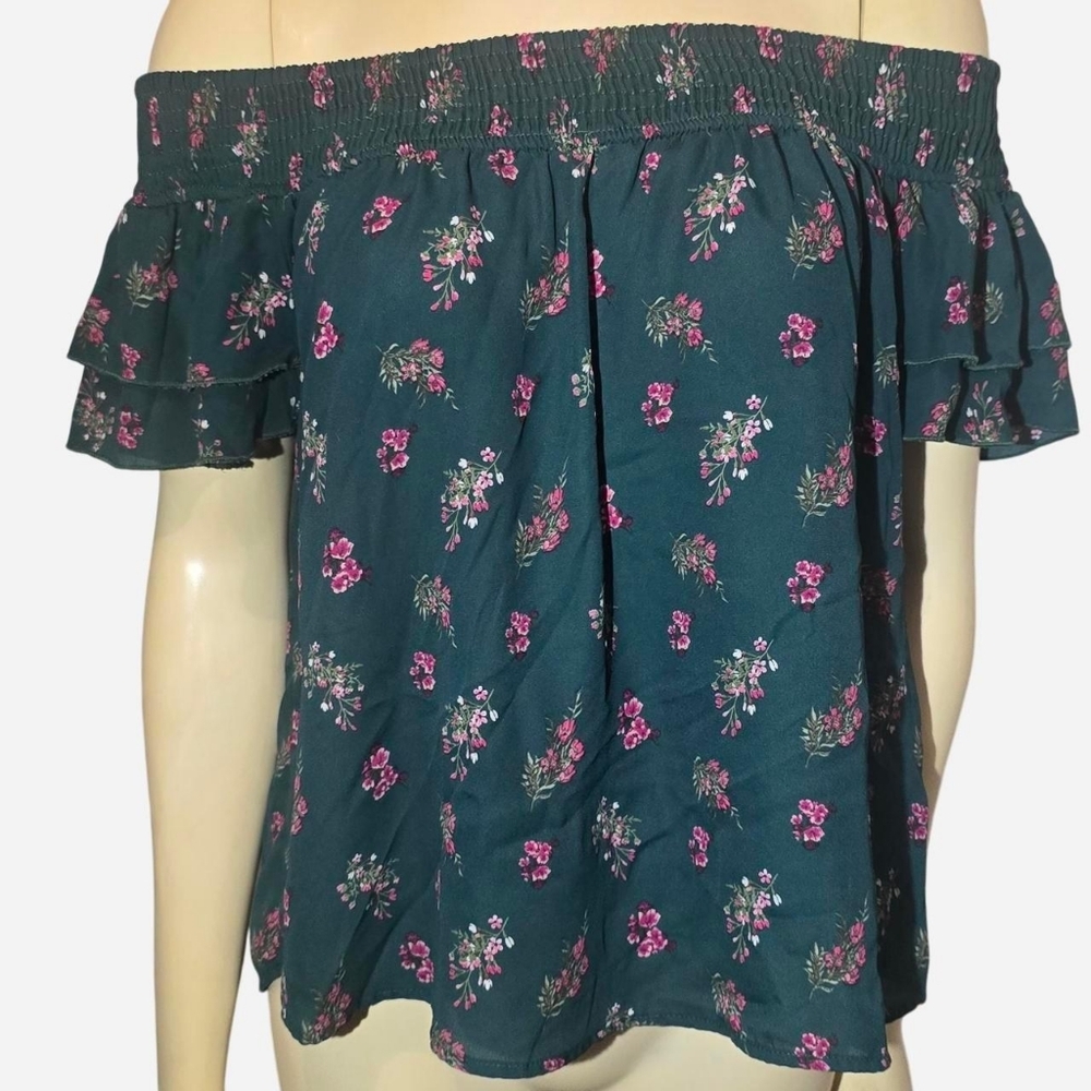 Self Esteem Off Shoulder Top Womens Large Green Floral Excellent Ruffle Sleeve